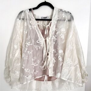 MSGM Milano Ivory Sheer Embroidered Tie Front Blouse w/ Blush Camisole